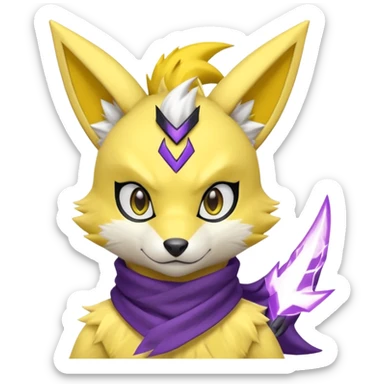 Furry Anthropomorphic Yellow Renamon-Zeraora-Toxtricity-Pokémon-Digimon-Fakémon-fusion with purple lightning-bolt-markings, and facial markings, black bandanna scarf sticker