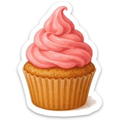 A cupcake with pink icing, gpt image style sticker