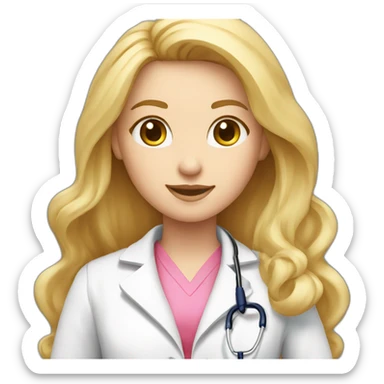 Long blonde hair doctor in pink undershirt white coat over pink stethoscope  sticker