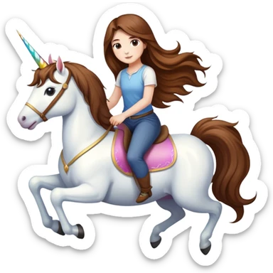 short girl with long brown hair riding a unicorn sticker