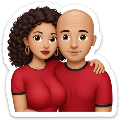 A picture of a sexy tanned couple embracing. the guy is Mexican, with a bald hair cut and he is wearing a red shirt. the girl is mixed, the girl is wearing a black shirt, the girl has curly longer dark brown hair and with big boobs  sticker