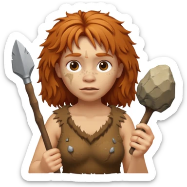 cartoon Neanderthal woman with messy ginger hair and a stone tool sticker