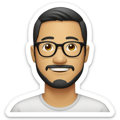 Asian man, 30 years old, beard, black round frame glasses, buss cut sticker