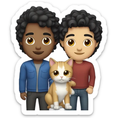 Gay couple, 1 guy Latino black straight black hair and 1 Australian white guy with blonde slightly curly hair holding a cat sticker