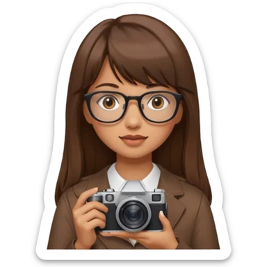 Una chica pelo largo con flequillo color marrón y gafas con estilo de periodista súper top, también agrega una cámara en sus manos sticker