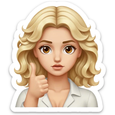 Luxury blonde model, brown eyes, wavy hair, thumbs down sticker