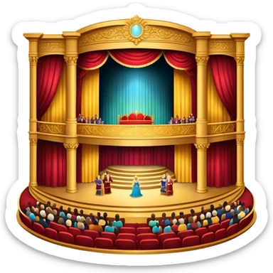 An icon depicting a grand theater stage with actors performing a play, illuminated by dramatic lighting. The audience sits in a beautiful hall, with colorful balconies and an engaged crowd. The design captures the magic of live theater. transparent background  sticker