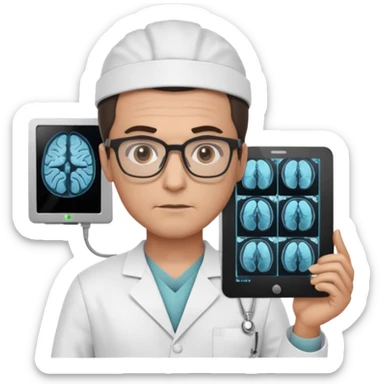 male neurosurgeon with glasses holding MRI scan sticker