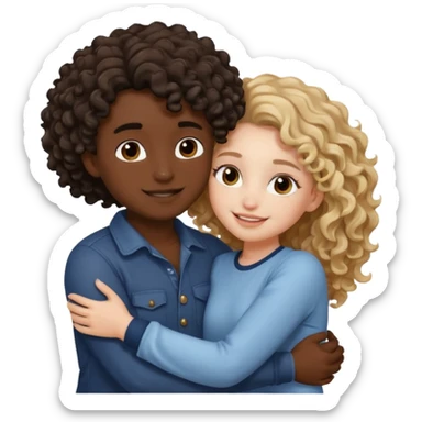 a boy with black skin and curly hairs and a girl with white skin light brown wavy hairs, they are hugging and happy sticker