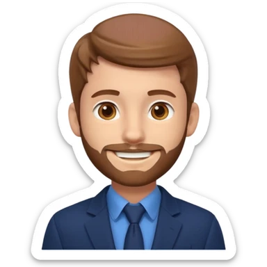Emoji 3D estilo Apple de um jovem com pele clara, cabelo castanho claro, olhos castanho escuro, barba rala, sorrindo, de blazer elegante e brinco prateado. sticker