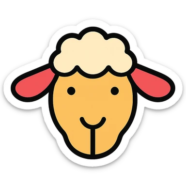 stylized sheep head icon, large ears, curved snout, fluffy wool, modern icon style sticker
