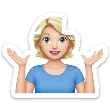 Girl Blonde short wavy hair,  blue eyes, cute blue top, long lashes, pink lips, smiling, shrugging hands raised sticker