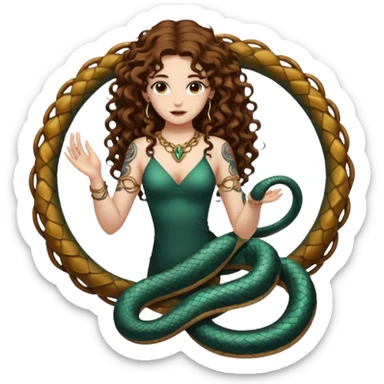 full body woman long curly brown hair brown eyes white skin tattoos ouroboros serpent ring floating behind her like halo sticker