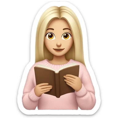 Pretty brown eyed white girl with light pink sweater reading cozy sticker