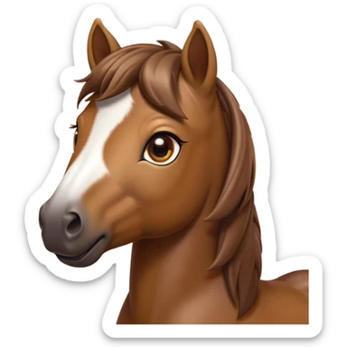 Cinematic Cute Brown Welsh Pony Portrait Emoji, Head tilted playfully and inquisitively, featuring a compact, charming form with a glossy, deep brown color, round, sparkling eyes full of gentle mischief, and a sweet, soft muzzle, Simplified yet irresistibly adorable features, highly detailed, glowing with a warm, inviting glow, high shine, affectionate and lively, stylized with a touch of rustic whimsy, soft glowing outline, capturing the essence of a mischievous yet endearing brown Welsh pony that seems as if it could prance out of the screen into your arms! sticker