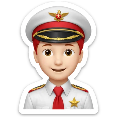 A Soviet pioneer emoji — smiling young boy wearing a white shirt with a bright red pioneer necktie and a classic red pilotka cap. The pilotka should look like a Soviet military cap, not a cowboy hat. Flat, smooth 3D shading sticker