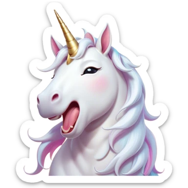Cinematic Cute Yawning White Unicorn Portrait Emoji, Head tilted slightly with a dramatic, wide-open yawn, showcasing a softly elegant form with a gently cascading mane, a subtly glowing horn and sleepy, half-closed eyes, Simplified yet irresistibly adorable features, highly detailed, glowing with a soft, cozy magical glow, high shine, relaxed yet expressive, stylized with a dash of whimsical enchantment, soft glowing outline, capturing the essence of a drowsy yet affectionate white unicorn that appears ready to stretch and yawn its way out of the screen! sticker
