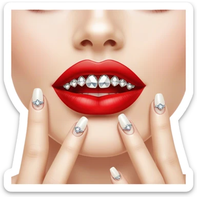 Glossy, bright red lips slightly parted. Inside, sparkling diamonds grillz. A long, elegant fingernail with a soft white shade. sticker