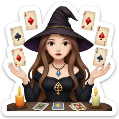 dark witch girl with long light brown hair and Tarot cards sticker