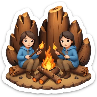 A cozy campfire emoji with two logs and glowing embers, with subtle human silhouettes sitting around. Warm tones, minimal flat emoji style, white background. sticker
