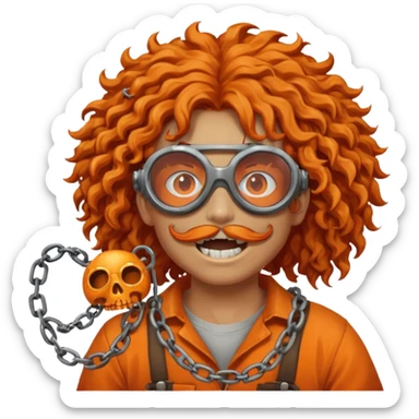 steam-punk Megadeth iconic skeleton mascot with a rusty chain in his teeth, huge curly orange hair sticker