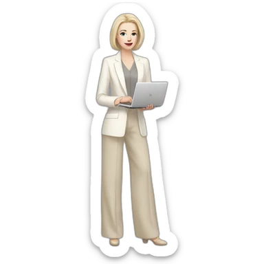 pale skin woman with ash blonde Straightened bob Hair, White Spacious classical jacket, beige palazzo Arrow pants and gray blouse holding a MacBook in the hands sticker