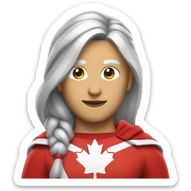 canadian superhero wearing red and white clothes including a mapple leaf width long dark grey hair in a ponytail sticker
