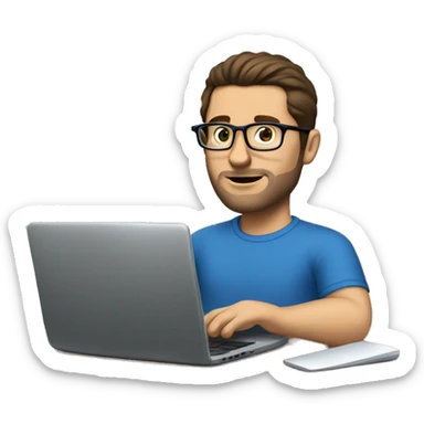 white guy with no beard dark brown hair brad pit style and square glasses typing in laptop wearing blue t-shirt working in call center sticker