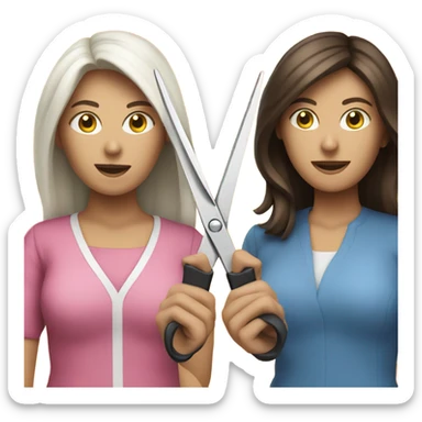two brunette women holding a pair of scissors between them sticker