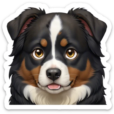 Cinematic Meme-Worthy Grumpy Black Tri Australian Shepherd Portrait Emoji, Head held high but eyes filled with dramatic disappointment, smooth black fur with distinctive white and tan patches, deeply furrowed brow forming an unmistakable scowl, floppy ears slightly angled back in disapproval, piercing dark eyes glaring with pure exasperation, Simplified yet hilariously over-exaggerated features, highly detailed, glowing with an aura of supreme annoyance, high shine, exhausted yet judgmental, stylized with an almost regal pettiness, bright but brooding, soft glowing outline, capturing the essence of a pup that has seen it all and is thoroughly unimpressed, so meme-worthy it feels like it could instantly become the next viral sensation of grumpiness! sticker