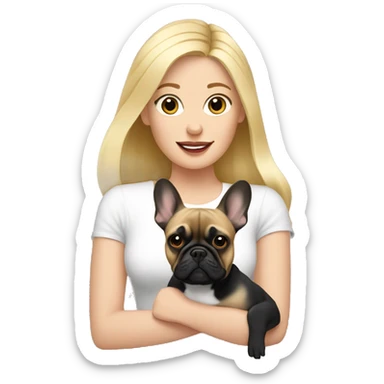 Blonde haired woman holding 1 French bulldog sticker