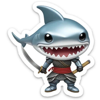 A fully chromed figurine of a shark in a samurai outfit. sticker