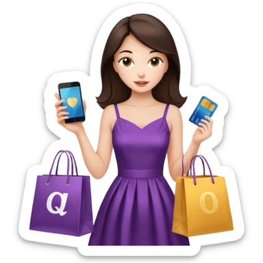 Glam brunette girl calmly choosing one premium shopping bag, giving a small approving nod — quality over quantity sticker