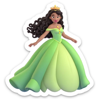 Disney Princess Tiana with extremely long black curly hair flowing down, 2c-3b curl pattern sticker