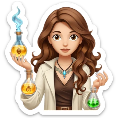 alchemist woman long wavy brown hair tattoos flipping glowing vial sticker