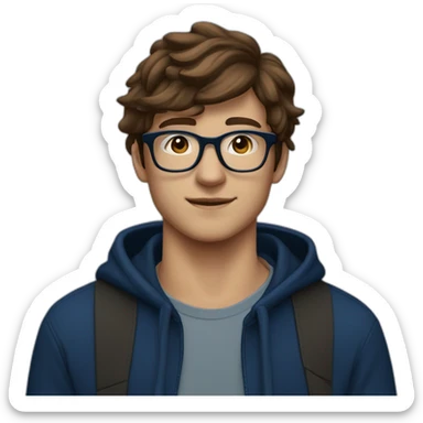 A 20-year-old man with a dark blue hoodie, brown hair and rectangular black glasses ￼ sticker