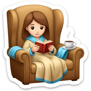 cozy reading nook with blanket, book, and hot drink sticker