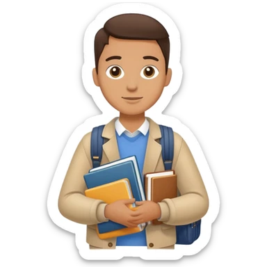 A flat-style illustration of a university student, holding a few textbooks and wearing a messenger bag. Clean, modern cartoon style, white background, iOS emoji aesthetic. sticker