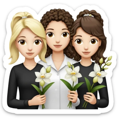 3 female musketeers, one with dark brown curly hair, one with straight blond hair, one with blond hair in pony tail, all holding orchids sticker