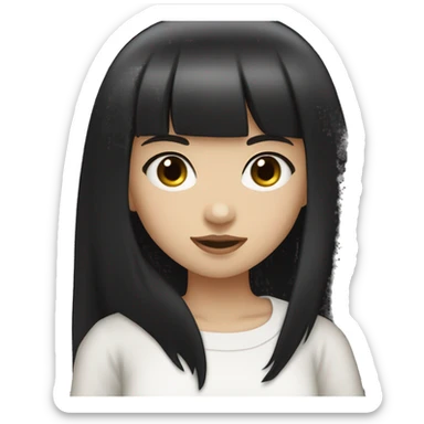 light-skinned girl, 1girl, dark hair, long black hair, bangs, black eyes, blunt  black bangs, white shirt, hime cut, cute sticker