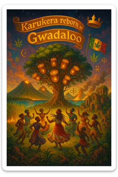 Create a powerful, surreal vision of the Caribbean island Guadeloupe, reimagined as ‘Guadeloupe' — its sacred, sovereign identity restored. The island is lush, tropical, and volcanic, with two green volcanoes glowing golden at the peaks. In the center stands a giant mystical Drum Tree, its branches bearing carved drums instead of fruit, glowing with rhythmic light. Ancestral spirits of African and indigenous lineage dance in a circle around the tree, surrounded by floating ganja leaves and sacred symbols. Sugarcane fields burn gently in the background, symbolizing the end of colonial suffering. Ruins of colonial buildings crumble into the earth, reclaimed by vines and jungle. Above the island, a glowing banner in the sky reads: ‘Karukera reborn as Gwadaloo.’ A ganja-leaf flag waves high in red, green, and gold, and a golden Creole crown floats in the sky above the island — not worn by any man, but held in rhythm. The ocean is turquoise, the light is divine, and the entire scene radiates spiritual victory, cultural remembrance, and cosmic rhythm. Use a warm, cinematic palette of golds, greens, blues, and purples. Style should feel epic, sacred, and symbolic — a rebirth of Caribbean power. sticker