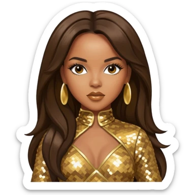 LeToya Luckett from Destiny's Child with dark brown long hair, gold outfit sticker