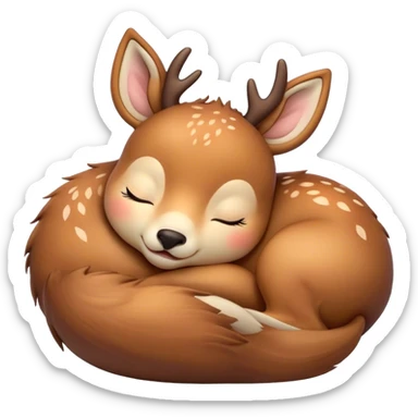 Meme-Worthy Cute Sleeping Deer Portrait Emoji, Head resting peacefully with a contented smile, showcasing a delicate, slender build and a luxuriously soft Fur, eyes shut in a serene, restful nap, Simplified yet hilariously adorable features, highly detailed, glowing with a soft, drowsy light, high shine, relaxed and utterly lovable, stylized with an air of playful laziness, bright and heartwarming, soft glowing outline, capturing the essence of a comically sleepy deer, so meme-worthy it feels like it could instantly become the next viral sensation of adorable woodland slumber! sticker