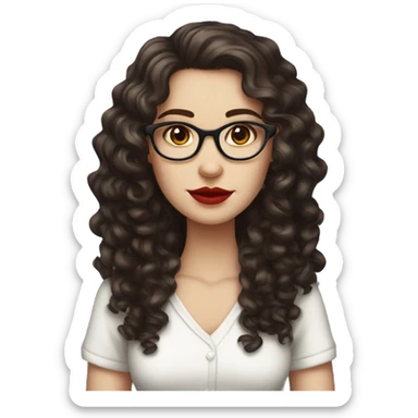 girl, dark brown hair, curly hair, glasses, dark brown eyes, pale skin, red lips, long hair, holding starbusk sticker