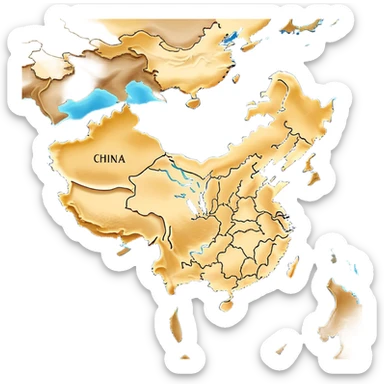 Cinematic-realistic outline of china, featuring its distinct landmass with accurately defined coastlines. The deep blue ocean surrounds the golden-brown continent, with subtle topographic shading to highlight its terrain. A soft glowing effect enhances the edges, making the shape stand out against a neutral, textured background. sticker