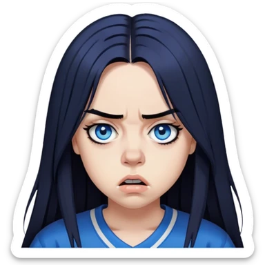 billie eilish angry long black hair blue eyes dark eyeliner makeup, wearing jersey sticker