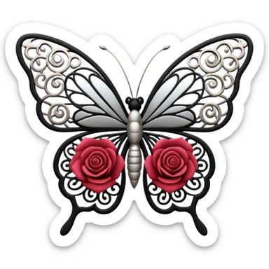 Black and silver filigree rose with a stunning butterfly, 3D, extremely detailed design sticker