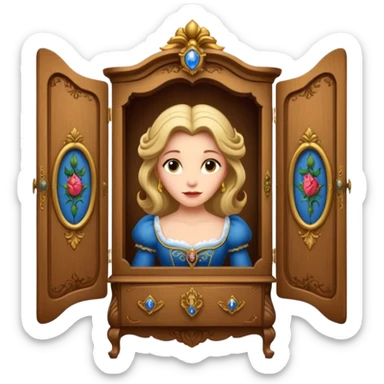 A middle-aged lady character from the fairy tale Beauty and the Beast — she was turned into a wardrobe by magic. She retains the wardrobe's original form, with an anthropomorphic face on the front of the closed cabinet. sticker