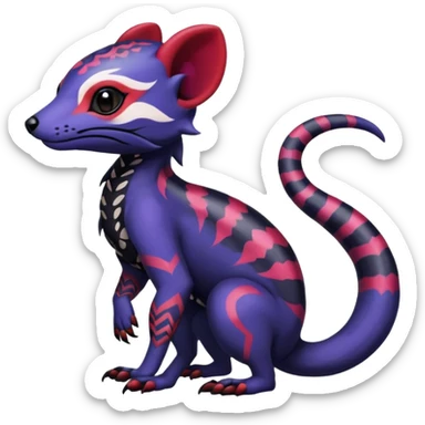 Rare warm-colored exotic gloomy tropical edgy cute epic aesthetic spooky indigo violet white black red gothic colorful Salandit-Noibat-Civet-species-Fakemon-hybrid-creature, with tribal tattoo markings, full body sticker
