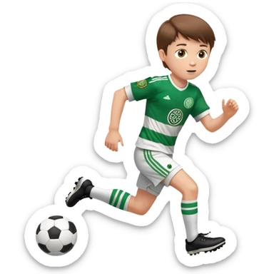 Celtic footballer jersey logo  6 years old brown hair white boy , brown eyes , stripes uniform , RUNNING  with soccer ball # 17 celtic football logo PUT ONLY ONE LOGO ONE CELTIC LOGO ONLY white shorts sticker
